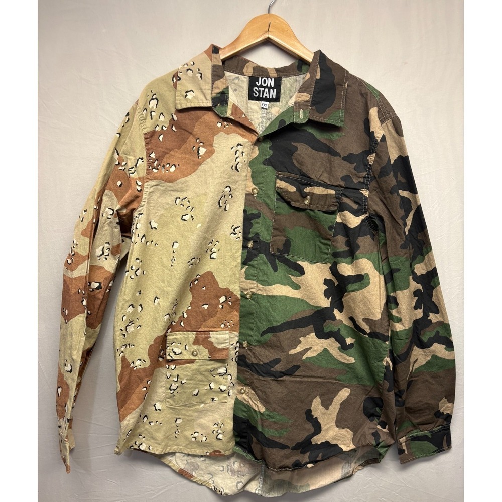 Jon‎ Stan 2 Split Military Shirt Mens Multicolor Camo Long Sleeve 2XL Vintage